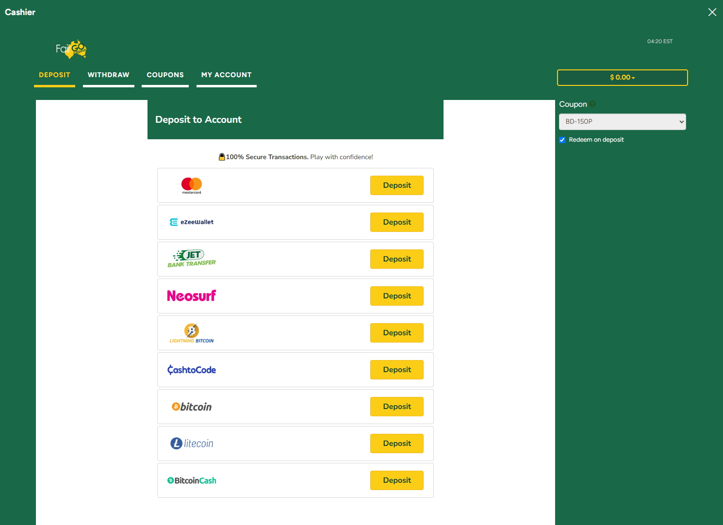 fair go casino deposit methods