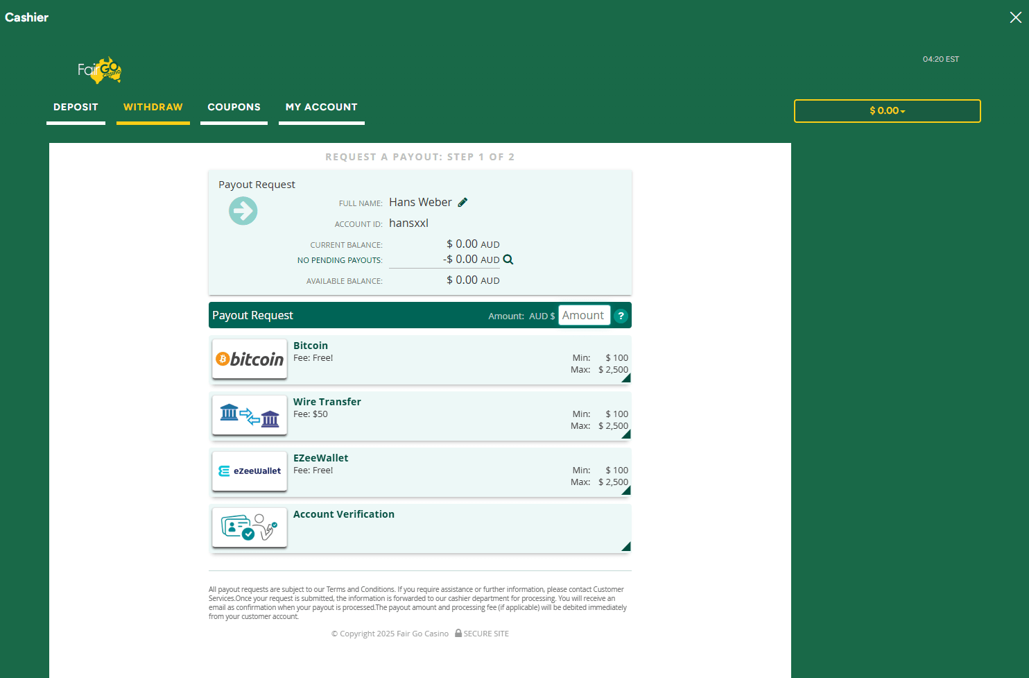 fair go casino withdrawal methods