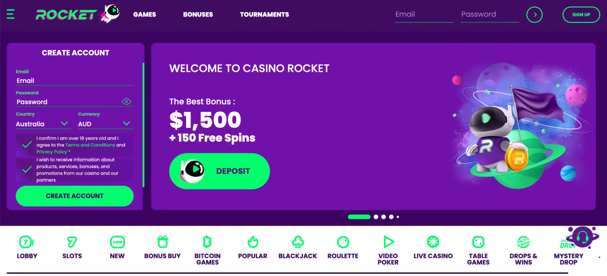 rocket casino main page