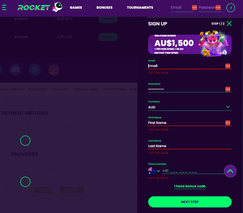 rocket casino registration