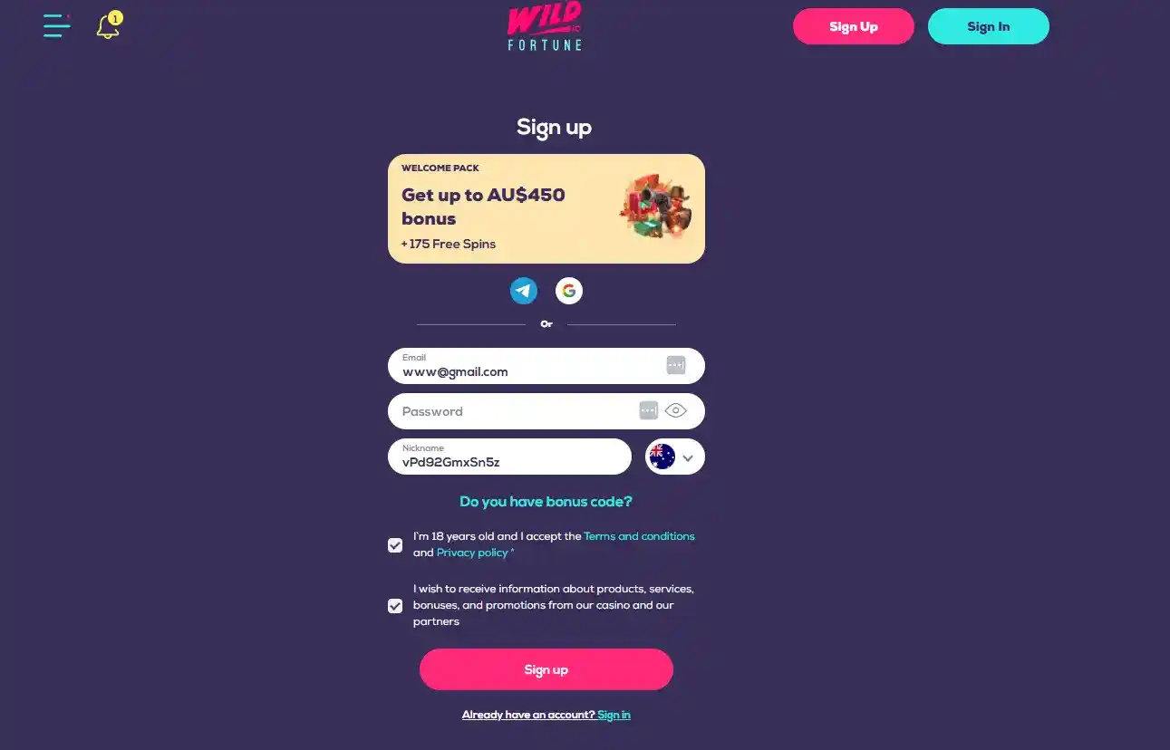 wild fortune registration
