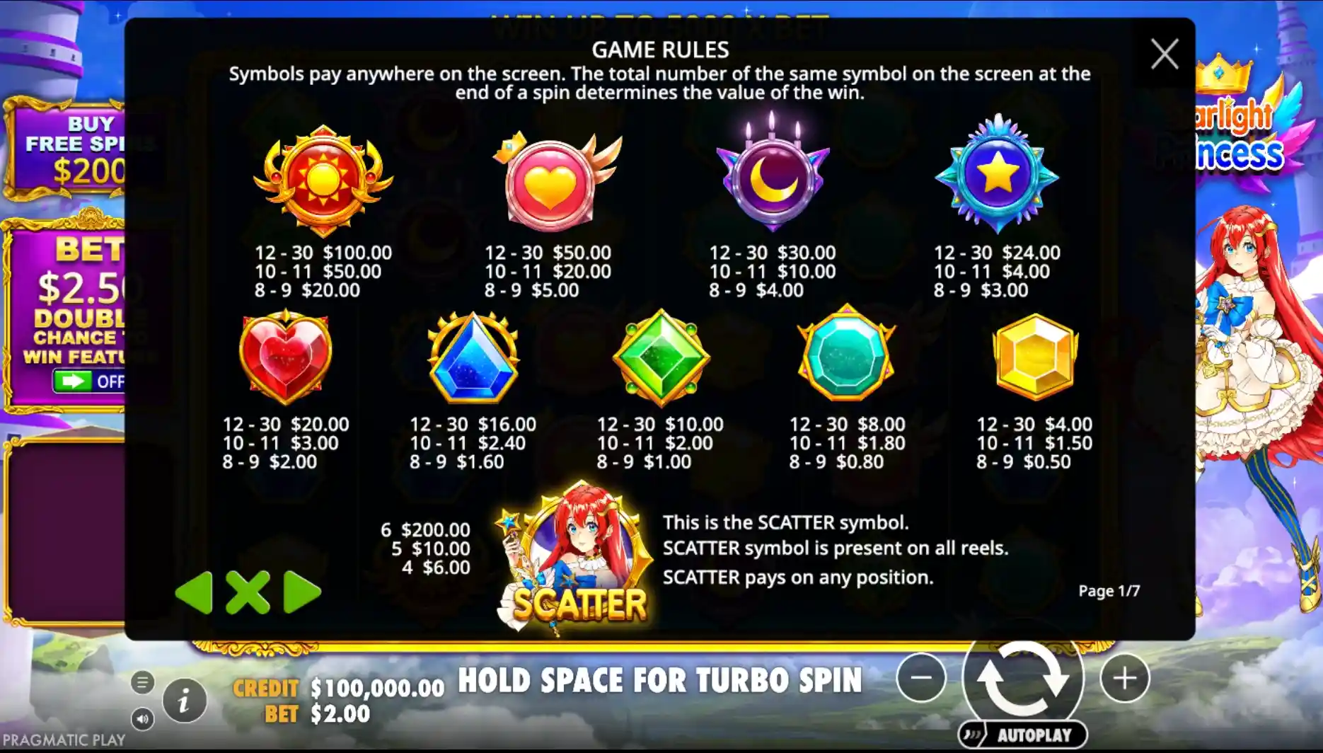 starligh princess paytable